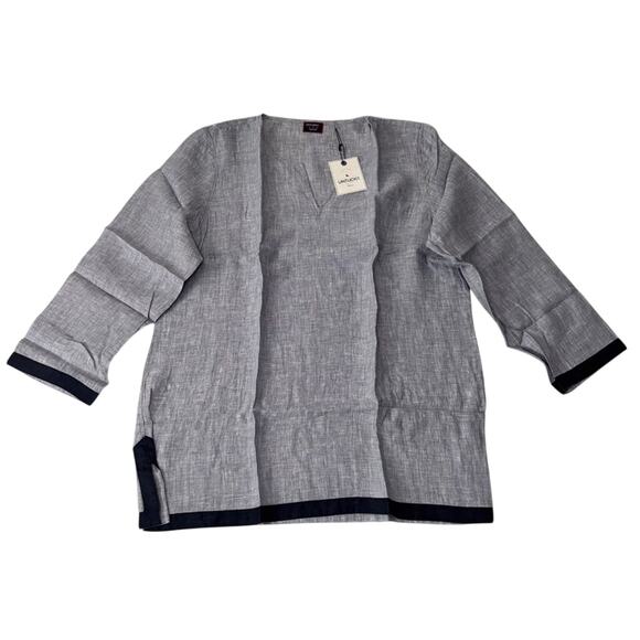 NWT UNTUCKit Linen Gray Navy Trim V-Neck Tunic Top 3/4 Sleeve Sz 16 - Picture 1 of 4
